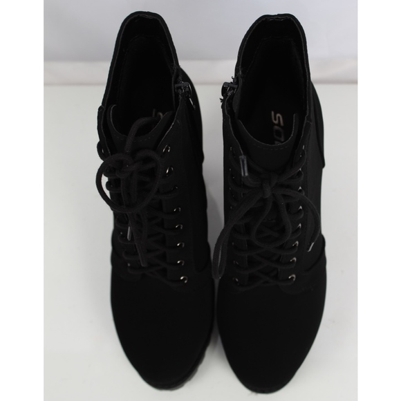Black Lace Up Lug Block Heel Ankle Boot - Picture 4 of 7